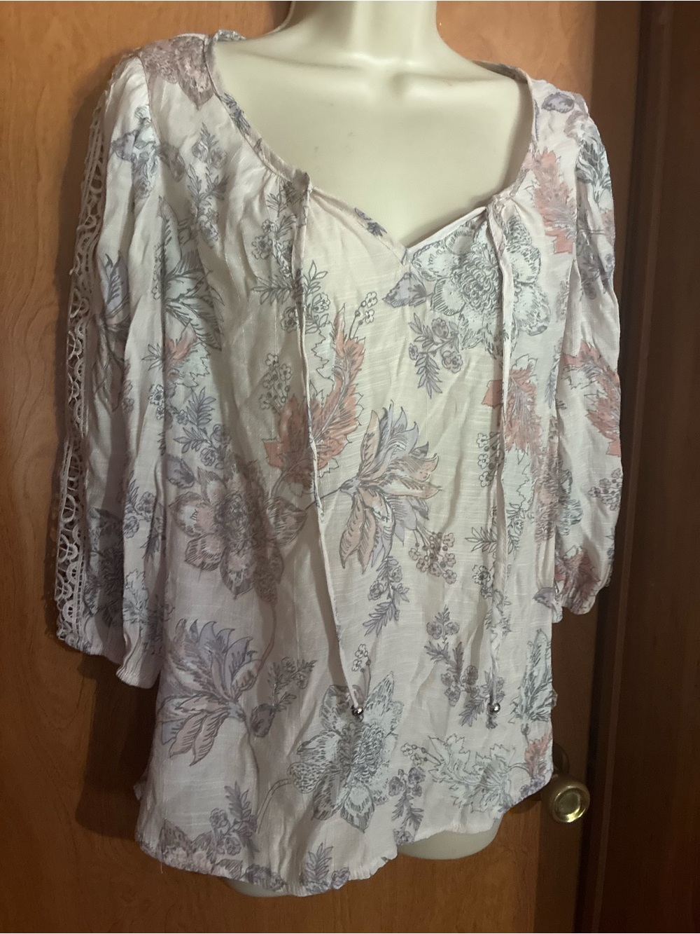 Boho Floral Peasant Blouse - White with Pink & Gray Floral